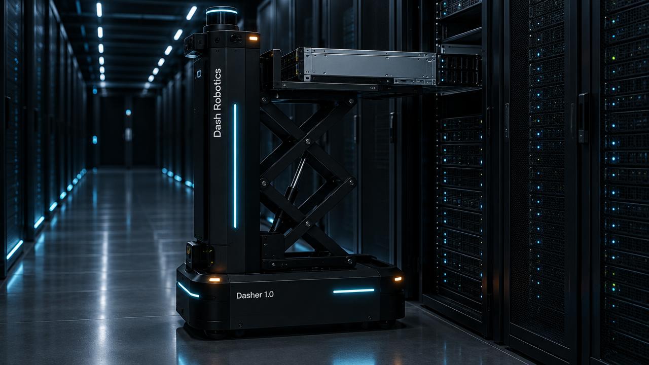 Dasher 1.0 autonomous server lift aligning a chassis with a rack slot